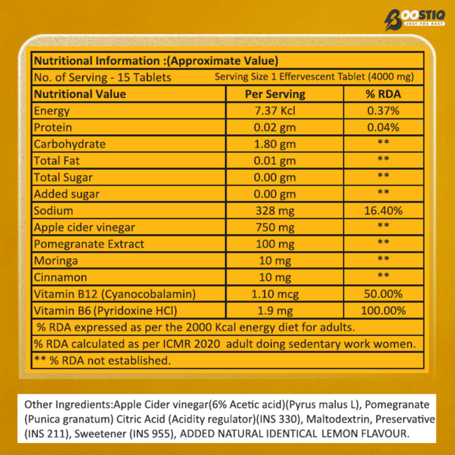 ACV Moringa | Control Cravings | Apple Cider Vinegar | Lemon Flavour | 15 Tablets