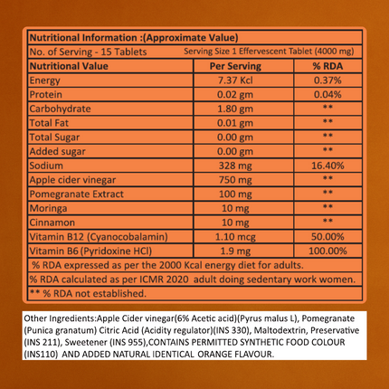 ACV Moringa | Control Cravings | Weight Management | Apple Cider Vinegar, Cinnamon| No Added Sugar - Orange | 15 Tablets