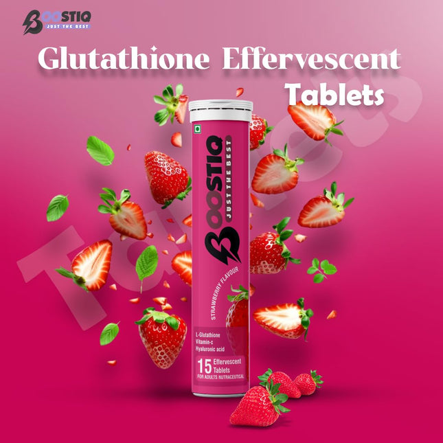 Glutathione Vitamin C Effervescent - Skin Glow | Strawberry Flavour | BOOSTIQ Glutathione Vitamin C Effervescent - Skin Glow | Strawberry Flavour | BOOSTIQ