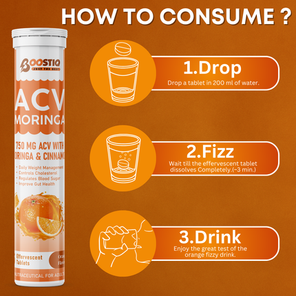ACV Moringa | Control Cravings | Weight Management | Apple Cider Vinegar, Cinnamon| No Added Sugar - Orange | 15 Tablets