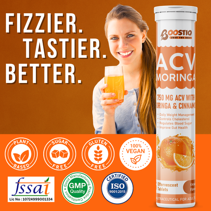 ACV Moringa | Control Cravings | Weight Management | Apple Cider Vinegar, Cinnamon| No Added Sugar - Orange | 15 Tablets