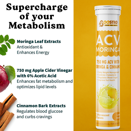 ACV Moringa | Control Cravings | Apple Cider Vinegar | Lemon Flavour | 15 Tablets
