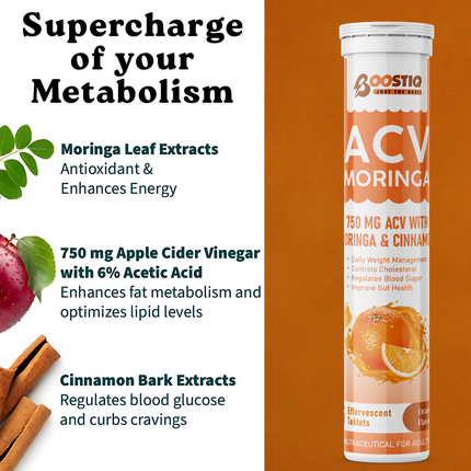 ACV Moringa | Control Cravings | Weight Management | Apple Cider Vinegar, Cinnamon| No Added Sugar - Orange | 15 Tablets